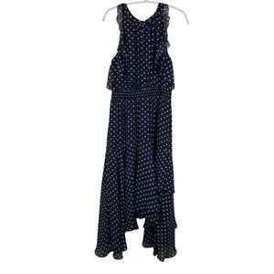 Vince Camuto Polka Dot Navy Blue Asymmetrical Ruffle Maxi Dress Size 10